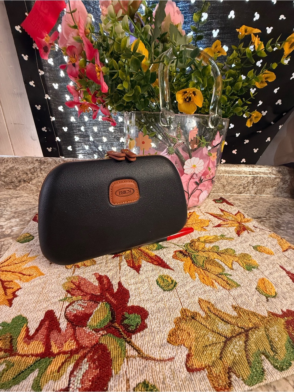 Bric's Black Leather Cosmetic Case with Brown Trim